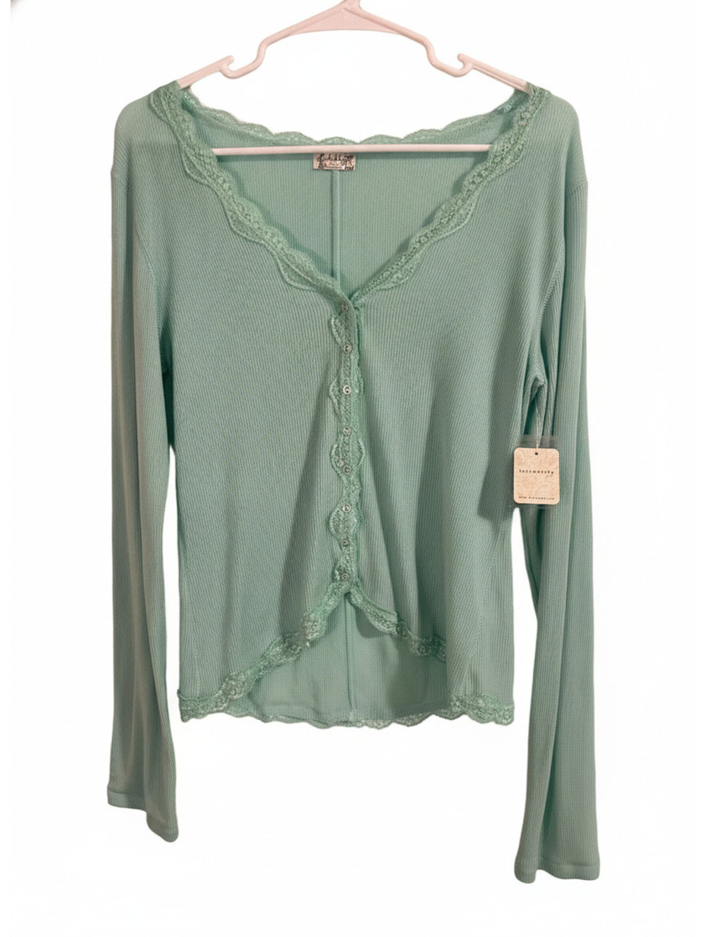 Free People Intimately Ribbed Lace Trim Button-Up Cardigan in Mint Green